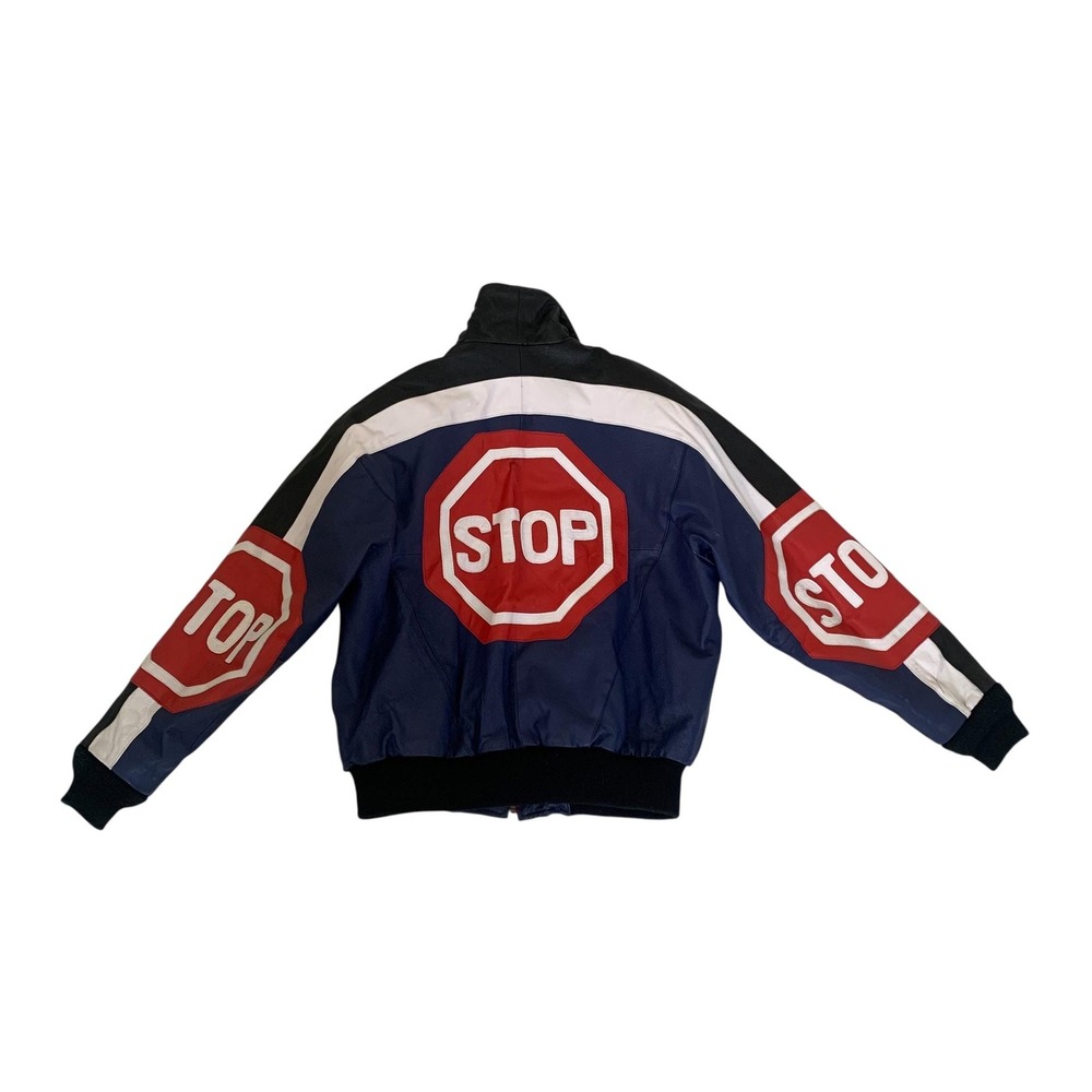Midway Stop Sign Leather Jacket Mens Medium Blue Good 90s Vintage Bomber Graphic